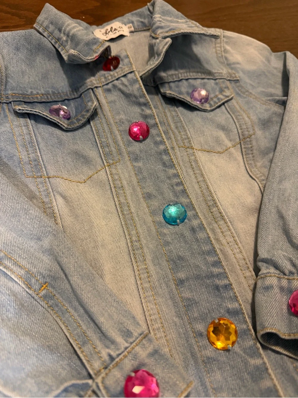 Lola + The Boys Light Blue Denim Jacket with Multicolor Gem Buttons